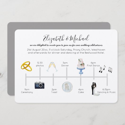 図解入りの、写真付きののタイムラ結婚イン招待状アイコンKraft 招待状 (正面/裏面)