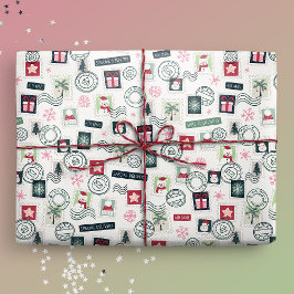 図解入りの、写真付きのクリスマスの切手 ラッピングペーパー