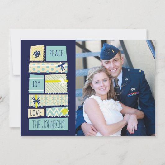 図解入りの、写真付きのクリスマスプレゼント休日のフォトカード シーズンカード (正面)