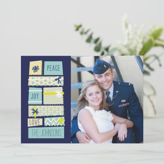 図解入りの、写真付きのクリスマスプレゼント休日のフォトカード シーズンカード (スタンド正面)