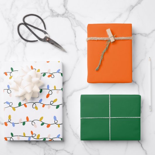 図解入りの、写真付きのクリスマスライト赤と緑 ラッピングペーパーシート (正面)