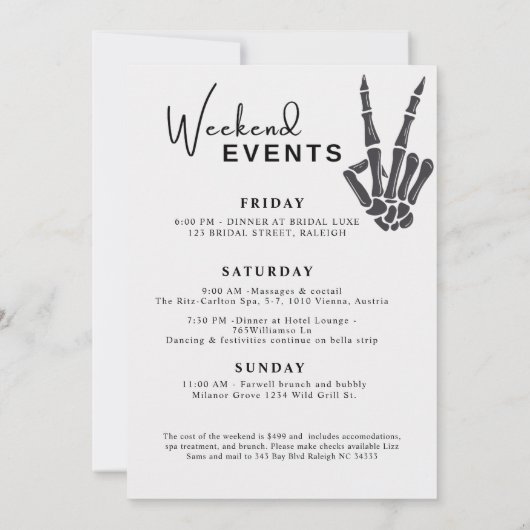 図解入りの、写真付きのスカル花嫁またはダイフローラバチェロレッテ 招待状 (裏面)