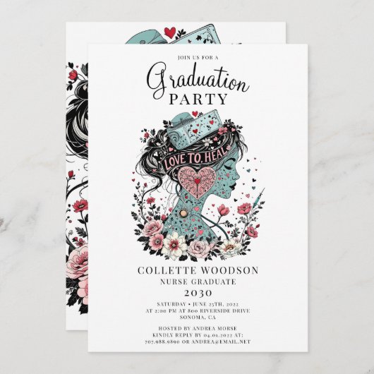 図解入りの、写真付きのナースフローラ卒業 招待状 (正面/裏面)