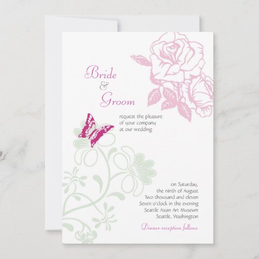 図解入りの、写真付きのバラ&バタフライ春の結婚式 招待状 (正面)