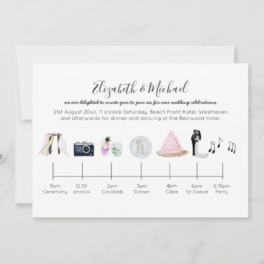 図解入りの、写真付きのビーチ結婚式タイムライン招待状 招待状 (正面)