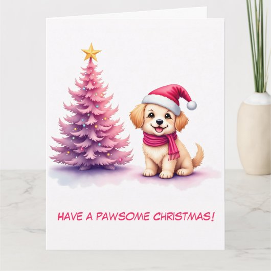 図解入りの、写真付きのピンクサンタハットのゴールデンレトリバー カード (正面)