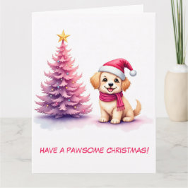 図解入りの、写真付きのピンクサンタハットのゴールデンレトリバー カード