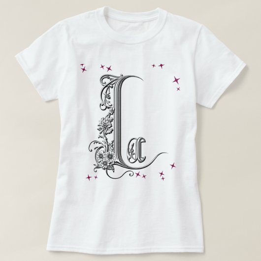 図解入りの、写真付きのフローラ文字「L」 Tシャツ (デザイン正面)