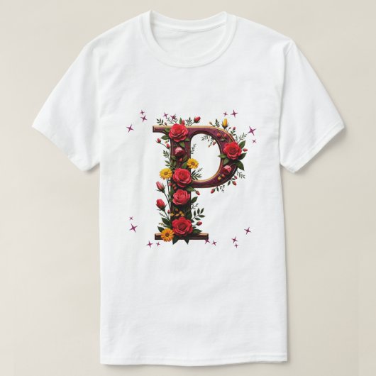 図解入りの、写真付きのフローラ文字「P」 Tシャツ (デザイン正面)