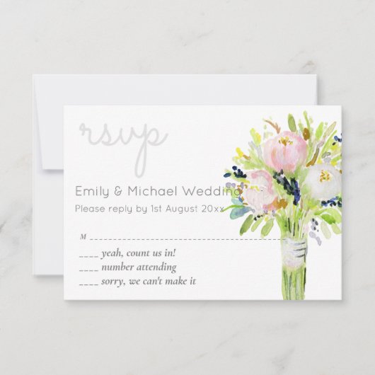 図解入りの、写真付きのフローラRSVPとメモダンニューの選択 出欠カード (正面)