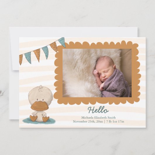 図解入りの、写真付きのベビーフォトフレーム付きアヒル誕生 案内状 (正面)