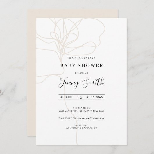 図解入りの、写真付きのラインアート花赤ちゃんシャワー 招待状 (正面/裏面)