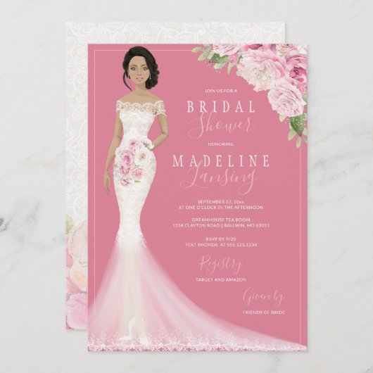 図解入りの、写真付きの嫁インレースガウンブライダルシャワー 招待状 (正面/裏面)