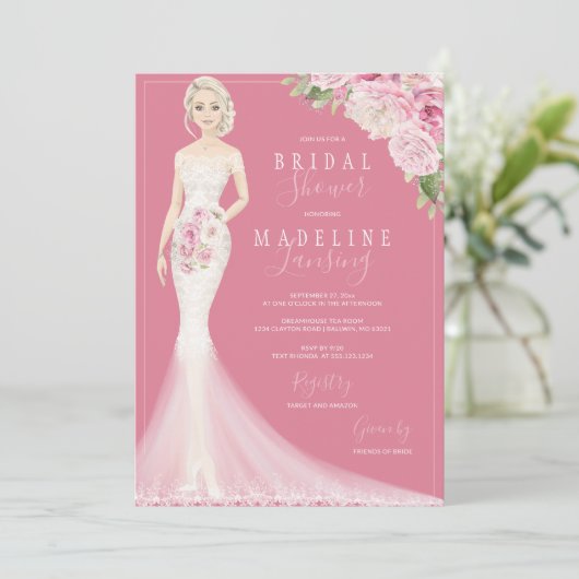 図解入りの、写真付きの嫁インレースガウンブライダルシャワー 招待状 (スタンド正面)