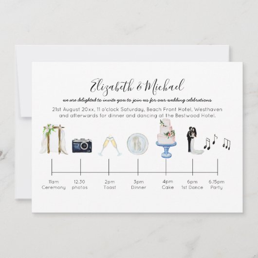 図解入りの、写真付きの庭園の結婚式タイムライン招待状 招待状 (正面)