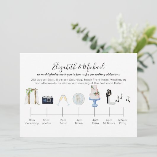 図解入りの、写真付きの庭園の結婚式タイムライン招待状 招待状 (スタンド正面)