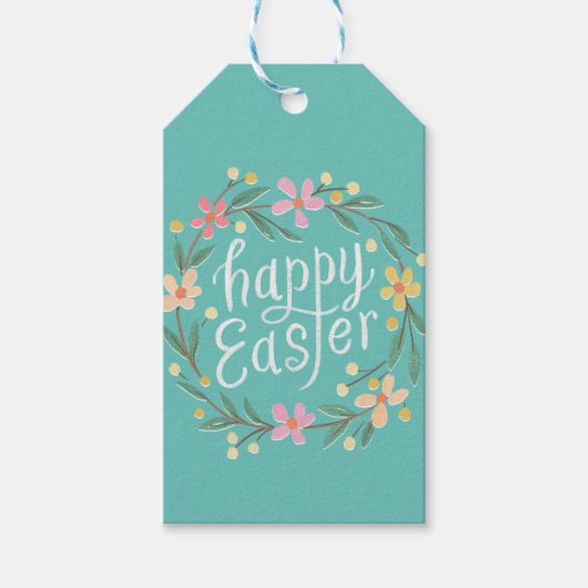 図解入りの、写真付きの春リースレタリングハッピーイースター ギフトタグ (正面)