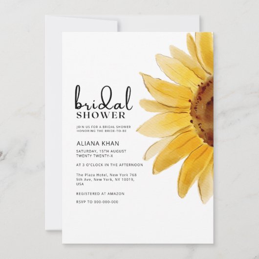 図解入りの、写真付きの水彩ひまわりブライダルシャワー 招待状 (正面)