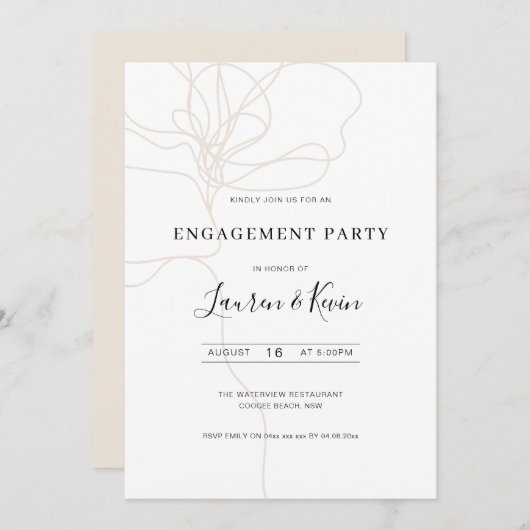 図解入りの、写真付きの線画の花婚約パーティ 招待状 (正面/裏面)