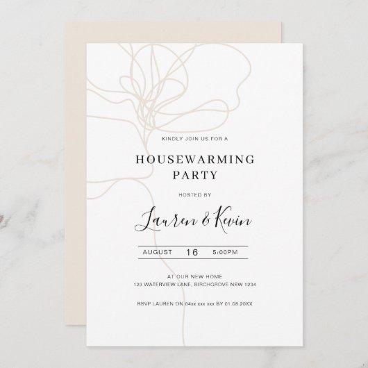 図解入りの、写真付きの線画花引っ越し祝いパーティーパーティー 招待状 (正面/裏面)