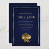 固定された貝殻の航海のな結婚式|の海軍および金ゴールド 招待状 (正面/裏面)