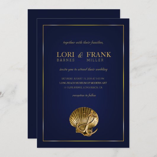 固定された貝殻の航海のな結婚式|の海軍および金ゴールド 招待状 (正面/裏面)