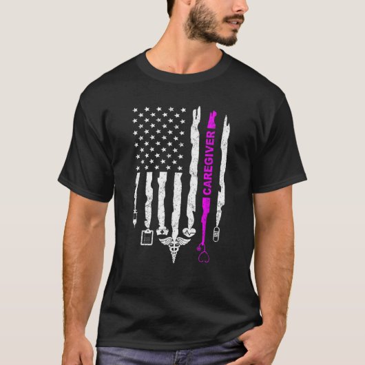 国おもしろい族介護士ナースアメリカ国旗Juの4日 Tシャツ (正面)