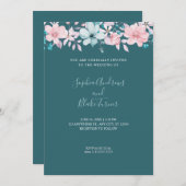 国かわいらしピンクと青のフローラティール（緑がかった色）結婚 招待状 (正面/裏面)