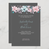 国かわいらしピンクと青フローラグレイ結婚ズ 招待状 (正面/裏面)