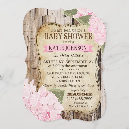 国のアジサイおよび素朴な木製のベビーシャワー 招待状 (正面/裏面)