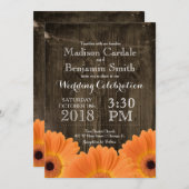 国のオレンジデイジーの素朴な木製の結婚式の招待 招待状 (正面/裏面)