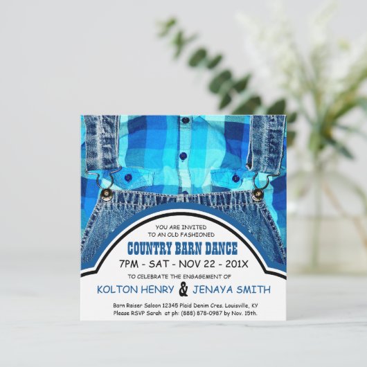 国のカップルの婚約パーティのデニムおよび格子縞 招待状 (スタンド正面)