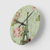 国のシックで真新しいピンクの花のパリエッフェル塔 ラウンド壁時計 (傾斜)