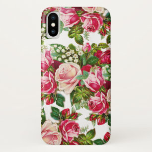 国のシックなピンクの赤い緑のヴィンテージの花柄 iPhone X ケース