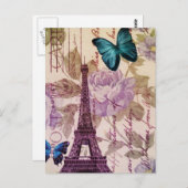 国のシックな花の蝶パリエッフェル塔 ポストカード (正面/裏面)