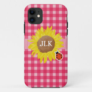 国のスタイルピンクの小花、ひまわり、レディーバグ iPhone 11 ケース