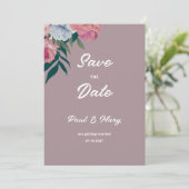 国のダークグリーンピンクパープルフローラ日付を保存 招待状 (スタンド正面)