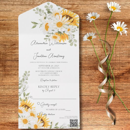 国のデイジーと白いQRコードのひまわり オールインワン招待状