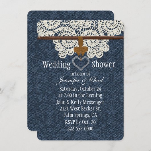 国のデニム及びアイボリーのレースのウェディングシャワー 招待状 (正面/裏面)