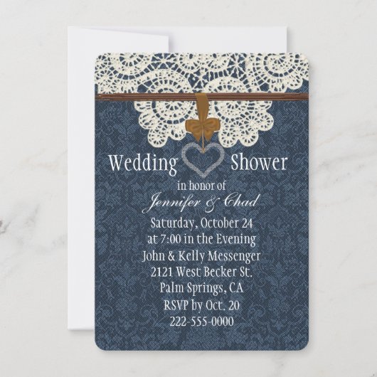 国のデニム及びアイボリーのレースのウェディングシャワー 招待状 (正面)