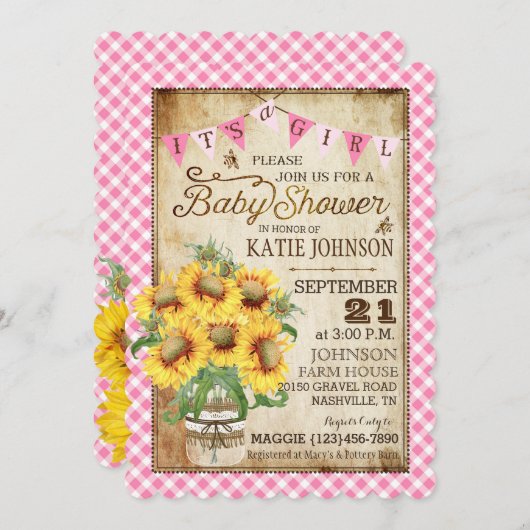 国のヒマワリおよびギンガムの点検のベビーシャワー 招待状 (正面/裏面)