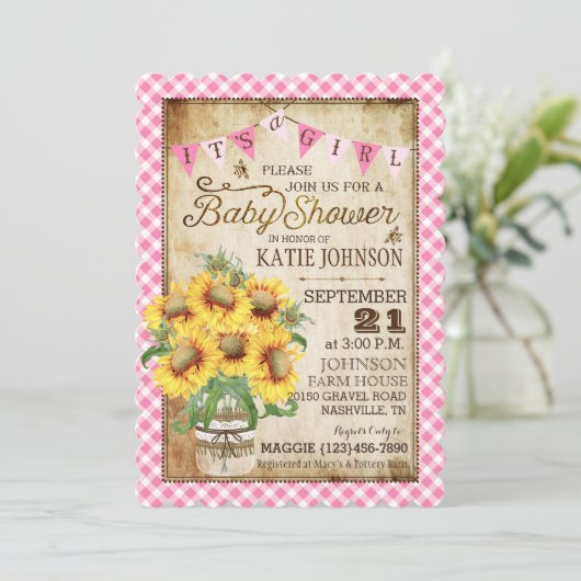 国のヒマワリおよびギンガムの点検のベビーシャワー 招待状 (スタンド正面)