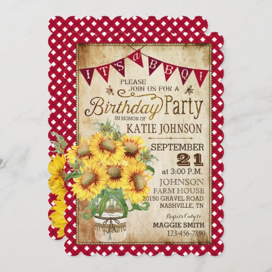 国のヒマワリおよびギンガムの点検の誕生日 招待状 (正面/裏面)