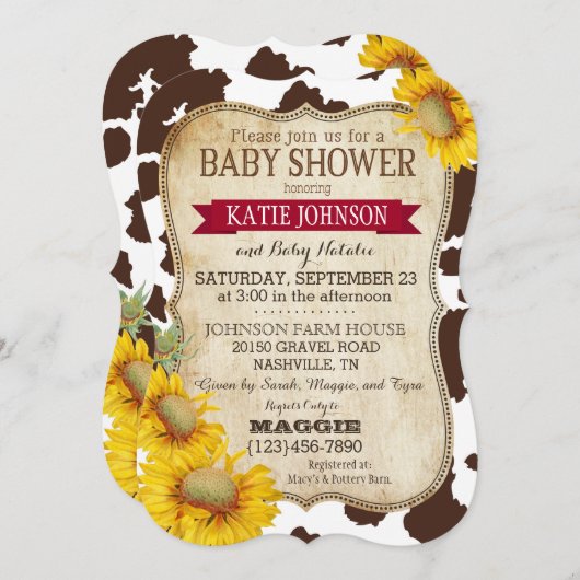 国のヒマワリおよび牛プリントのベビーシャワー 招待状 (正面/裏面)