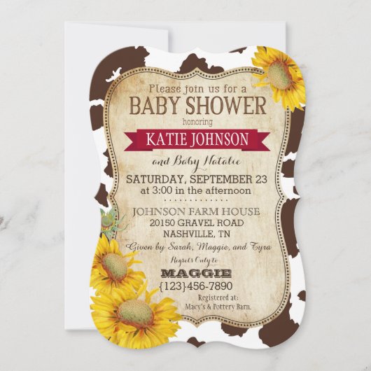 国のヒマワリおよび牛プリントのベビーシャワー 招待状 (正面)