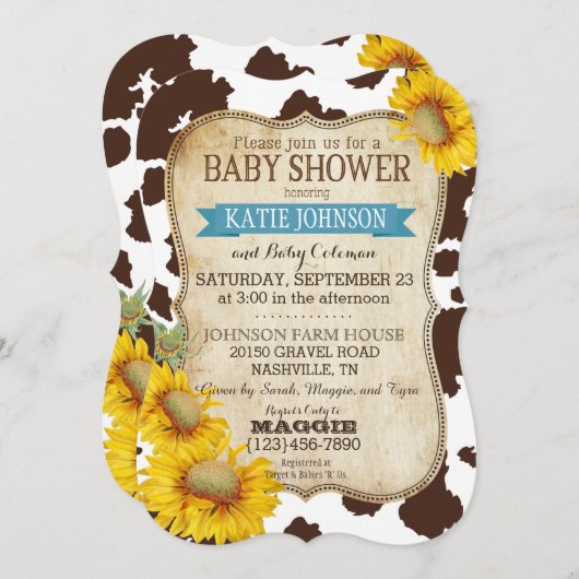 国のヒマワリおよび牛プリントのベビーシャワー 招待状 (正面/裏面)