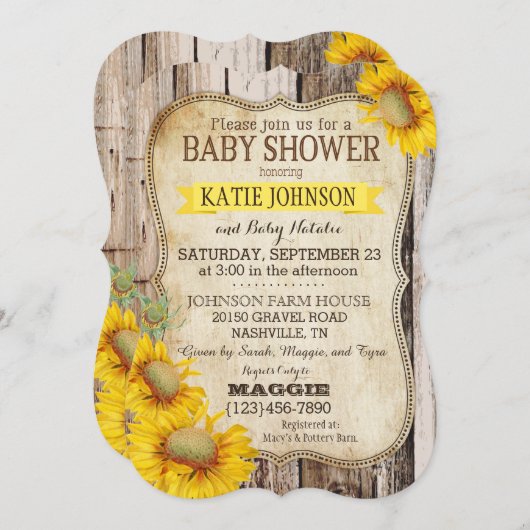 国のヒマワリおよび素朴な木製のベビーシャワー 招待状 (正面/裏面)