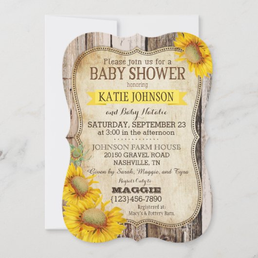 国のヒマワリおよび素朴な木製のベビーシャワー 招待状 (正面)