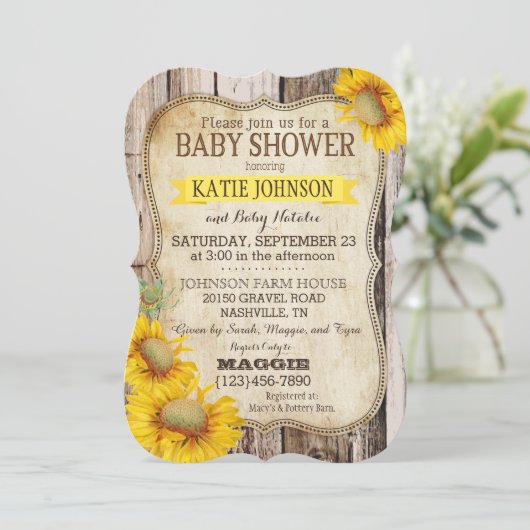 国のヒマワリおよび素朴な木製のベビーシャワー 招待状 (スタンド正面)