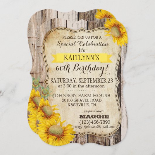国のヒマワリおよび素朴な木製の誕生日 招待状 (正面/裏面)
